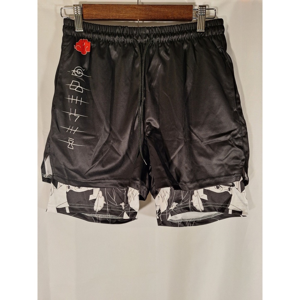 Mens Naruto Akatsuki Double Layer Mesh Athletic Shorts Black Anime Graphic SZ M